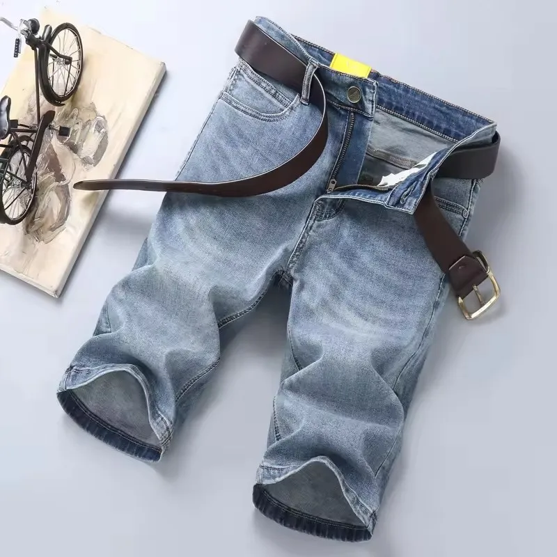 2025 الصيف العلامة التجارية تمتد رقيقة برمودا الغمد القطن الدنيم الجينز الرجال الركبة طول لينة Ropa Hombre السراويل حجم 28-35-40