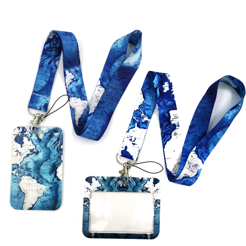 Blue World Map Fashion Lanyard ID Badge Holder Bus Pass Case Cover Slip Bank Credit Card Holder Strap Card Holder