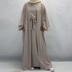 Dropshipping Nida 2-częściowy zestaw Abaya Kimono zapałka wewnętrzna islamska odzież Dubai muzułmanki sukienki Maxi z kieszeniami na pasek