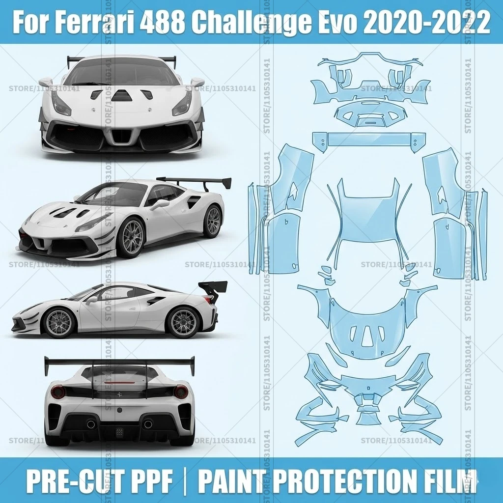 

Для Ferrari 488 Challenge Evo 2020-2022: Предварительно вырезанная прозрачная защитная пленка PPF для автомобиля, полный комплект для всего кузова