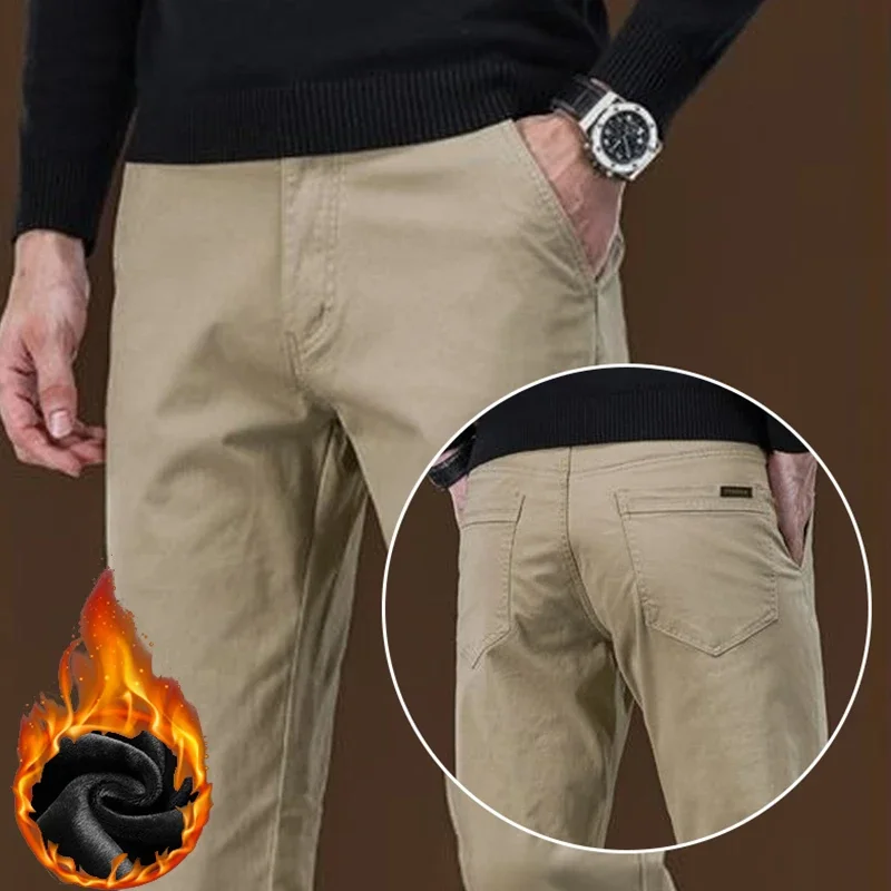 

2025 Men Winter Thickened Warm Loose Straight Leg Pants Male Fashion Business Casual Simplicity Stretch Pants Navy Blue Trousers