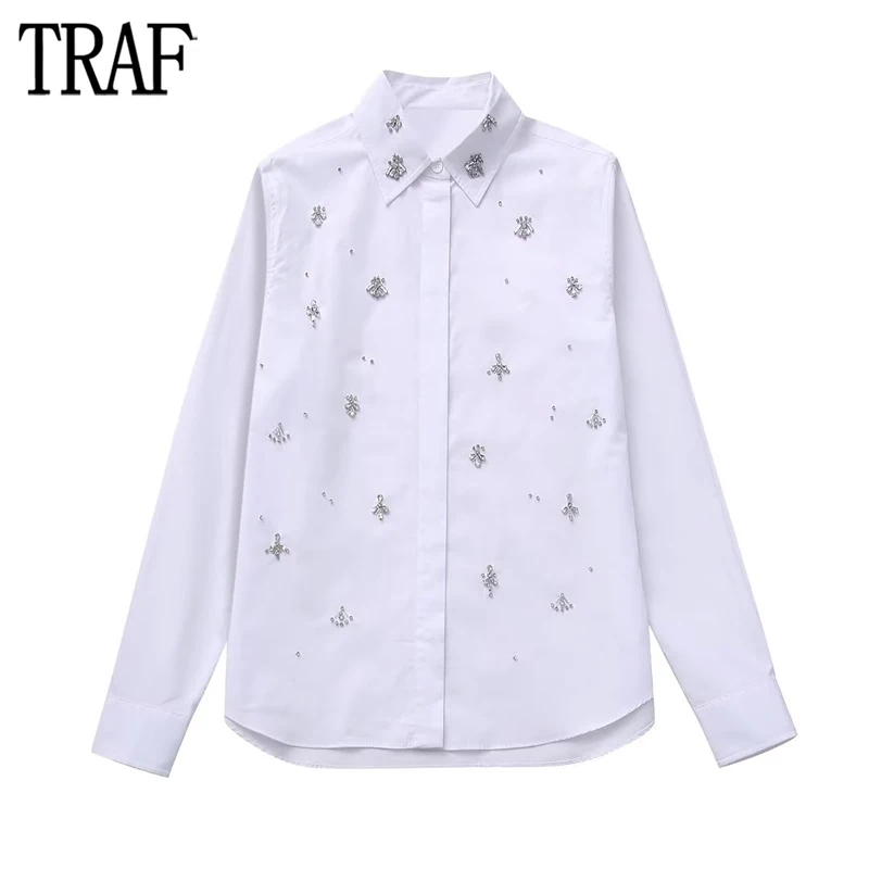 TRAF 2023 camicia bianca donna camicie abbottonate con strass per donna camicie e camicette a maniche lunghe camicetta asimmetrica donna