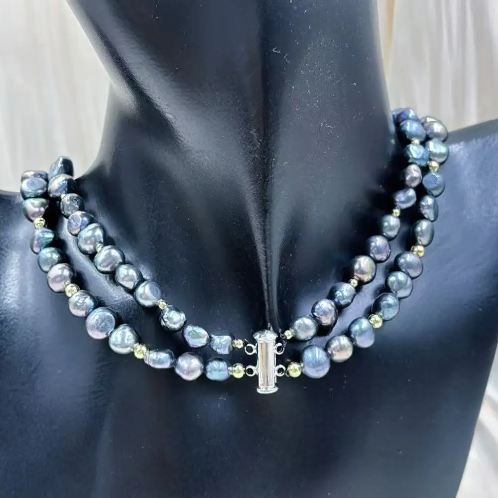 7-9mm Holloween Gift  Jewelry Genuine Natural Freshwater Black Baroque Potato Pearl Woman 2 Layers Necklace