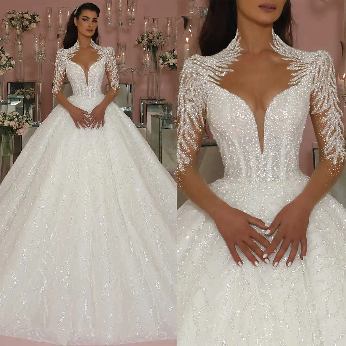 

Fashion Sequins Wedding Dresses Pearls A Line Bridal Gowns Sheer Long Sleeve V Neck Custom Made Bride Dress