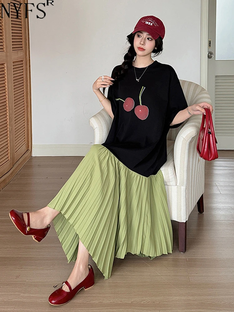 NYFS 2024 Summer New Korea Woman Dress Vestidos Robe Elbise Loose Plus Size Patchwork Irregular Hem Short Sleeve Long Dresses