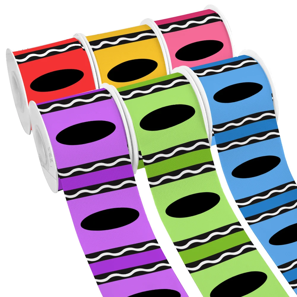 Cartoon School Crayon Colors 5yards Campus Printed Grosgrain Ribbon for Cheer Bows DIY Girl Headwear Hair Bows Satin Ribbon
