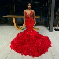 Deep V-neck Red Organza Mermaid Dress Custom Made Crystal Beaded Floor Length Evening Dresses Ever Pretty Wedding Gown Plu Size