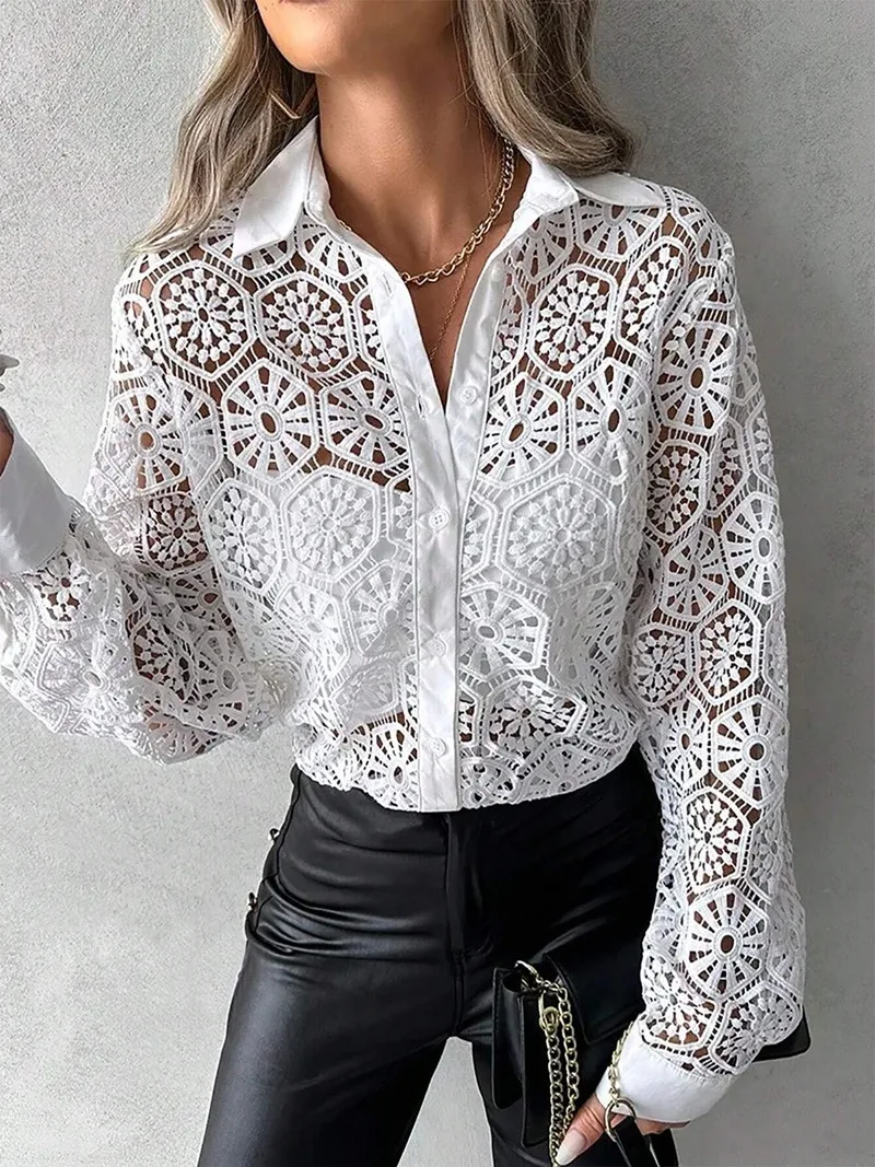 Plus Size 1XL-5XL Hollow Out Blouse Casual Lapel Long Sleeve Blouse for Spring Women\'s Plus Size Clothing