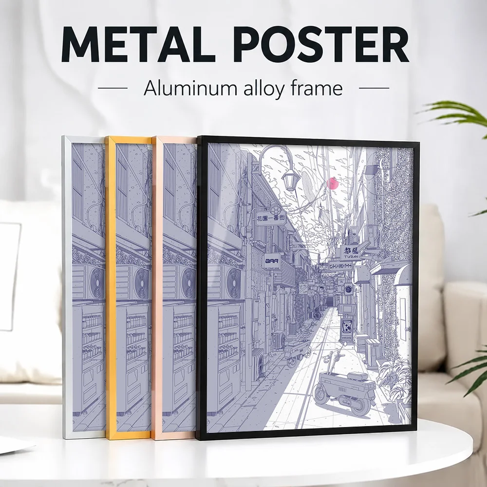 Detailed Japan Alleyway Line Drawing Framed Metal Print Customized Photo Modern Ukiyo E Style Wall Art For Study Traveler Gift