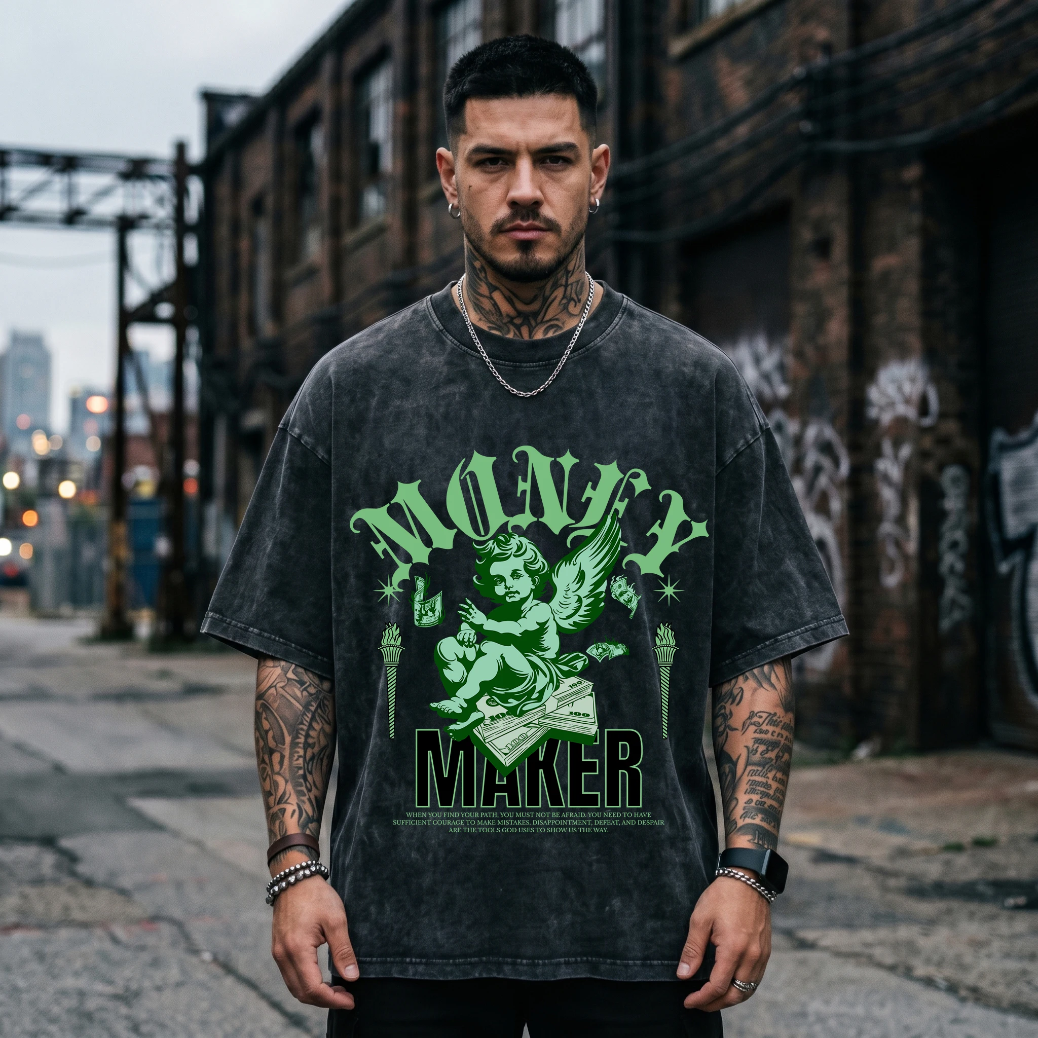 Streetwear Brand Jersey - T-shirt noir délavé style rétro américain,