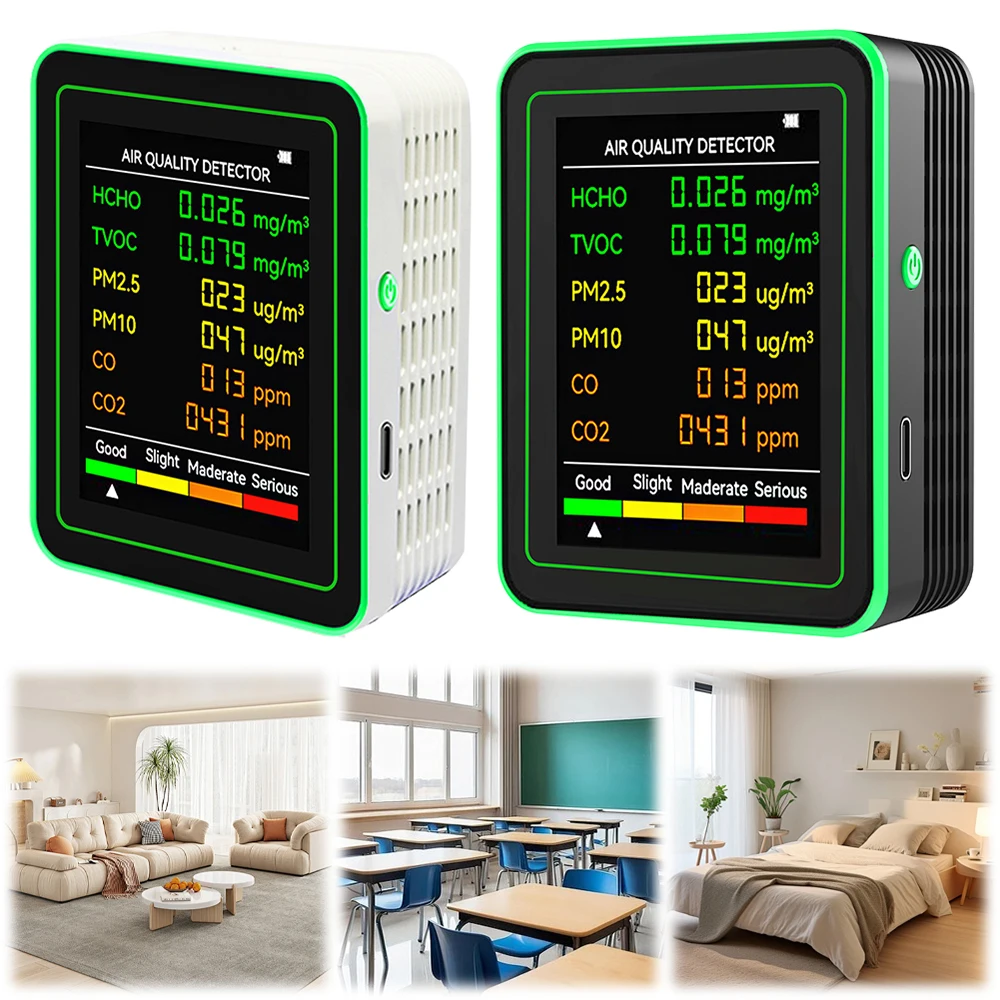 Air Quality Monitor 6-in-1 PM2.5, CO2, TVOC Monitor, Air Quality Detector, Formaldehyde Detector Multifunctional Household