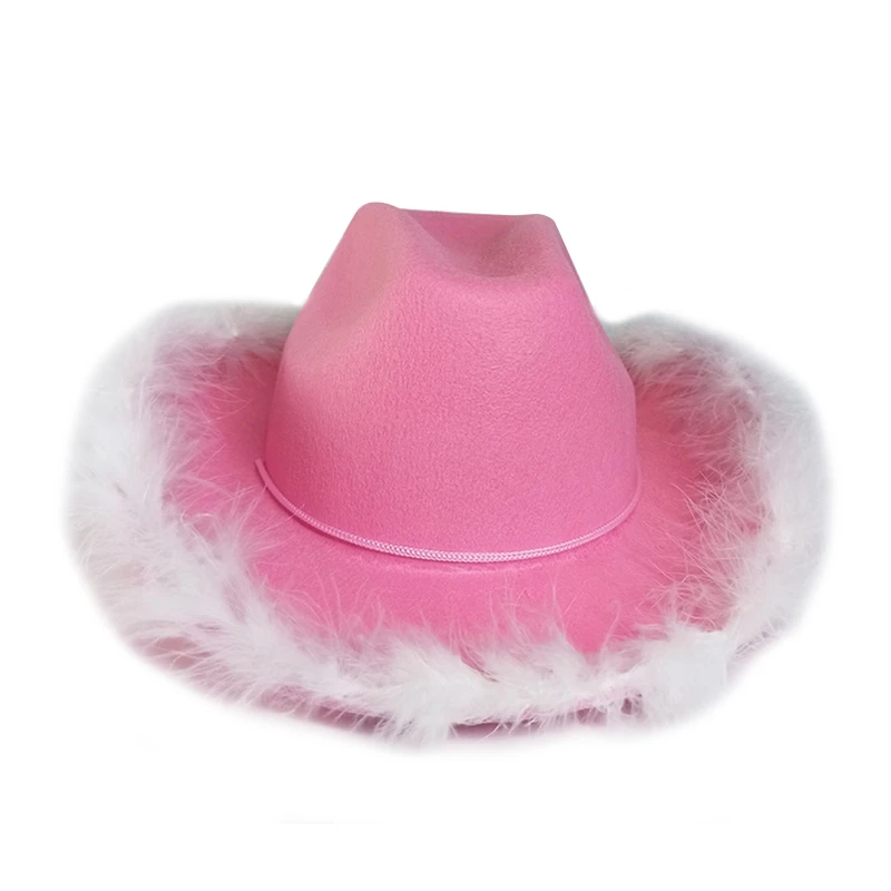 Vintage Cowboy Hat Fluffy Feather Brim Cowboy Hat Top Hat Pink Cowgirl Hat for Halloween Christmas Festival Parade F3MD