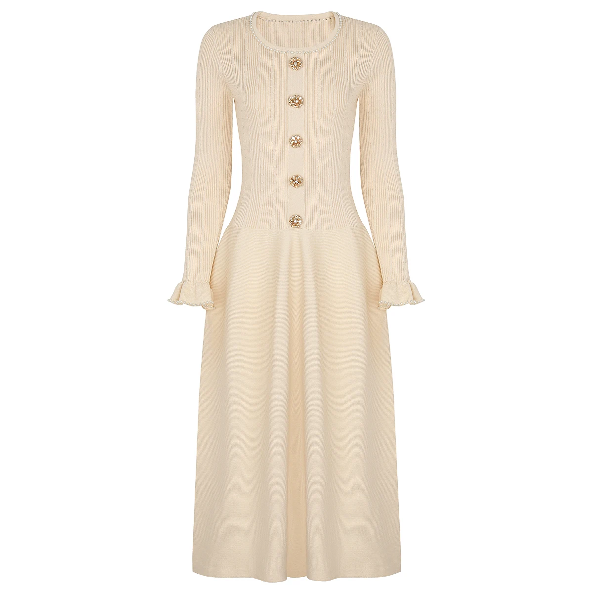 

Spring Autumn New Fashion Heavy Knit Long Sleeve Pearl Detail Elastic Slim Fit Women's Dress High Quality