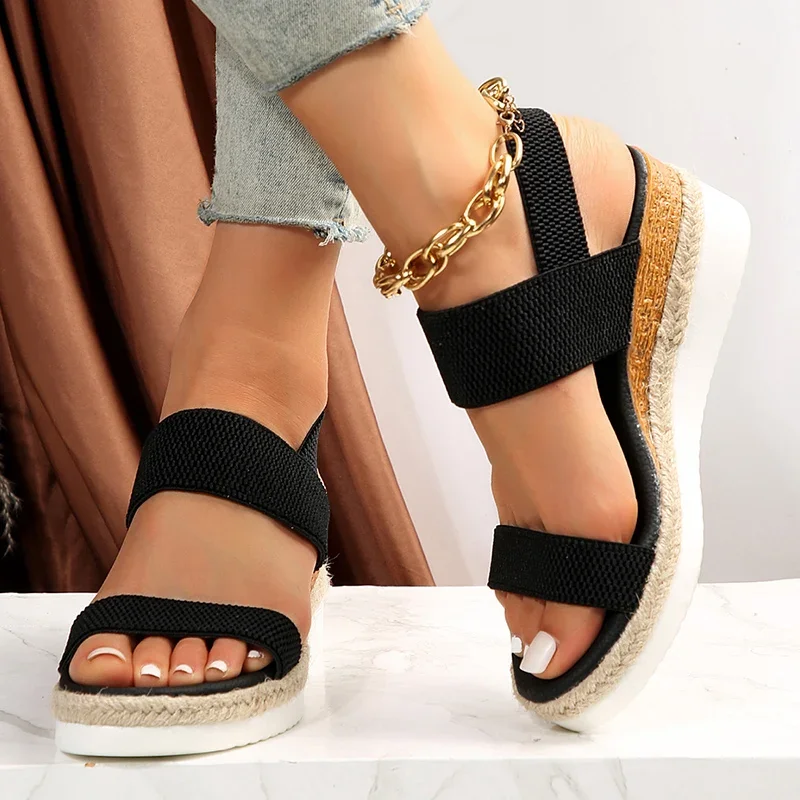 Stretch Fabric Knitted Wedge Sandals Women Back Elastic Band Platform Sandles Woman Super Size Summer Thick Sole Beach Sandalias