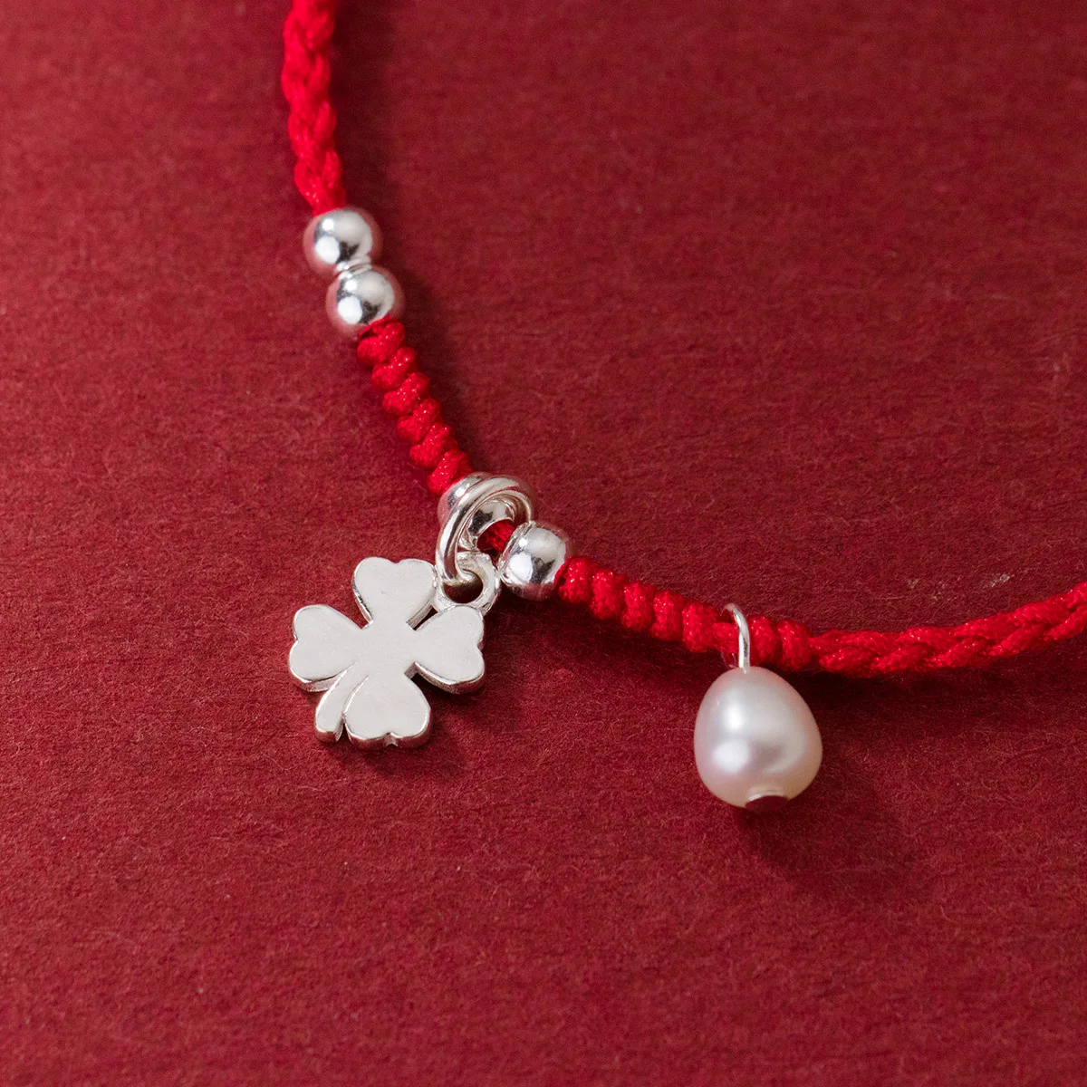 22cm Lucky 925 Silver Rope Bracelets Women Silver Retro Flower Red Thread Line String Bracelets For Women Girl Synthetic Pearl