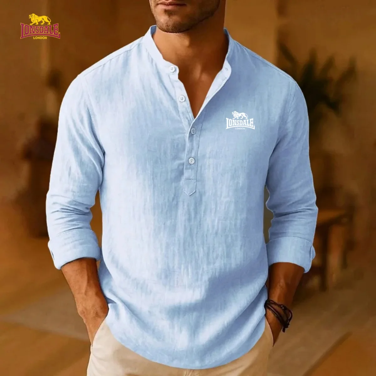 LONSDALE Men's New Casual Shirts, Including Lightweight Pure Cotton Long-Sleeved Henley Shirts Suitable for Beach Wear, Linen Sh