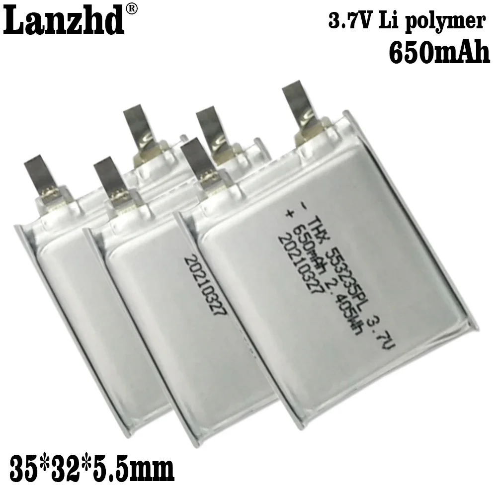 1-10 ชิ้น 3.85 โวลต์ Li - Po แบตเตอรี่โพลิเมอร์ 553233   แบตเตอรี่ลิเธียมแพ็คนุ่ม 650mAh สําหรับปลั๊กลําโพงการ์ด TWS ถังชาร์จแบตเตอรี่ MP3