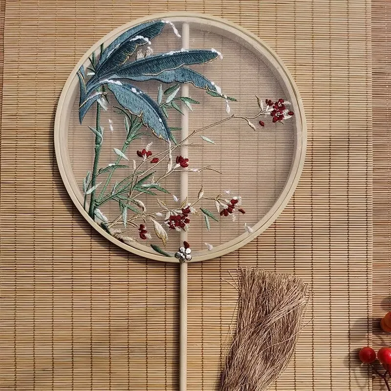 Chinese Traditional Round Fan with Bamboo Hanfu Hand Fan Vintage Embroidered Handheld Fan Hanfu Accessory for Wedding