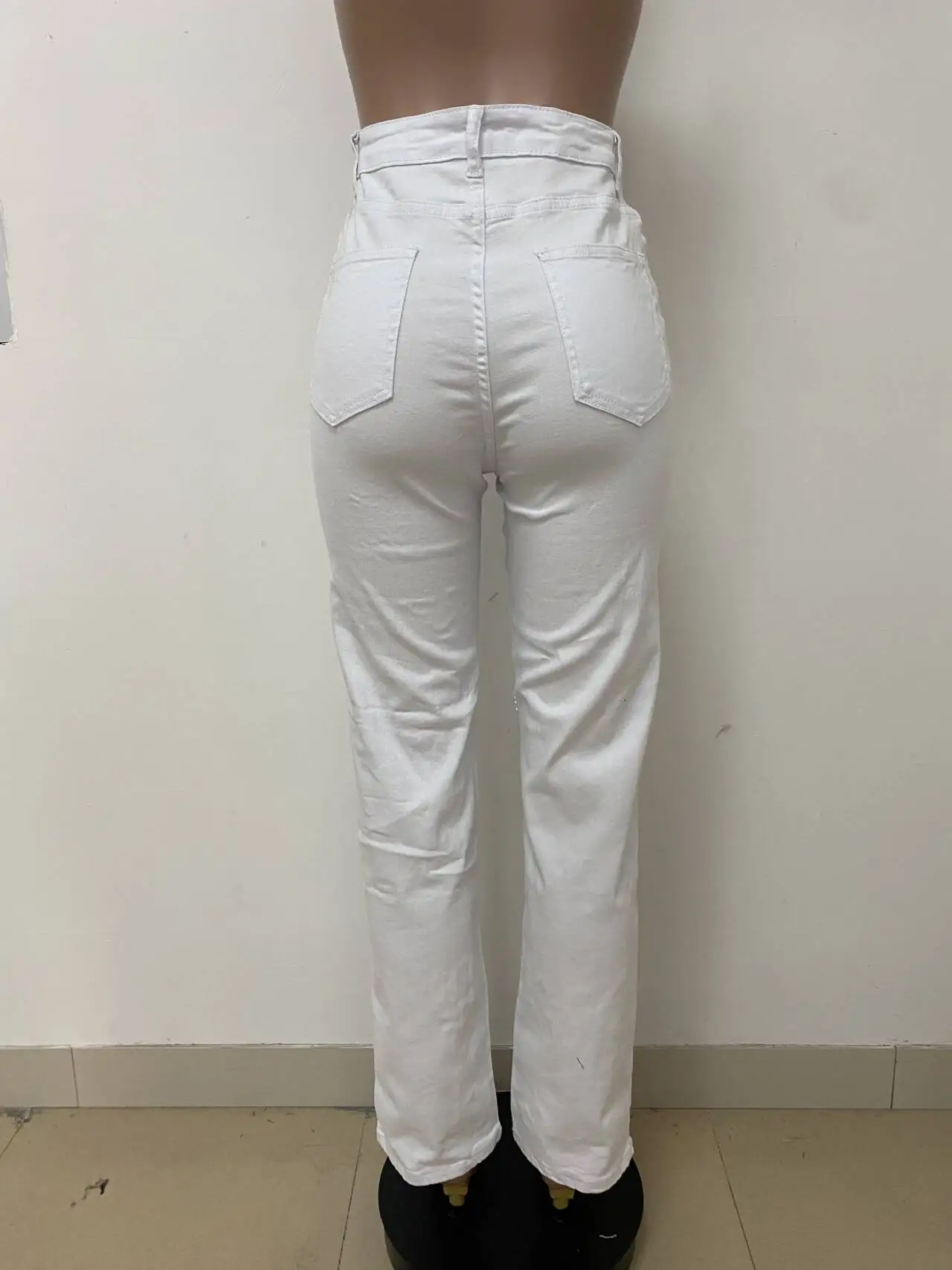 White High-Waisted Straight-Leg Slightly Flared Luxury Casual Pants, Heavy Pearl Beaded Hollow Out Design, Exquisite Floral and