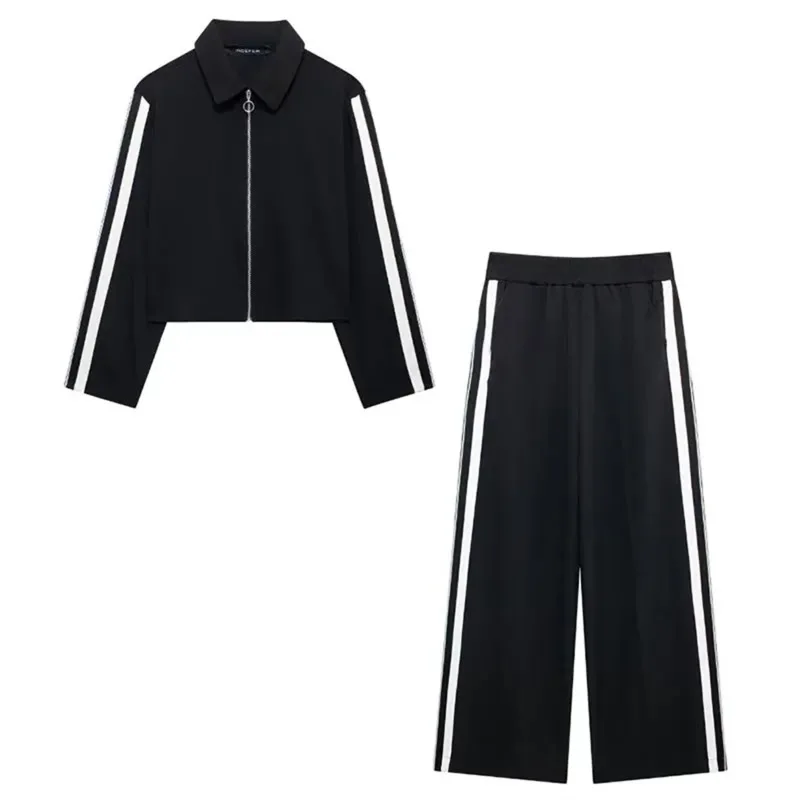 Fashion side black and white striped suit zipper sports jacket elastic loose pants women's casual suit