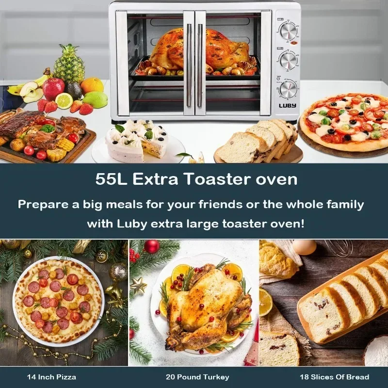 QWLUBY Large Toaster Oven Countertop,French Door Designed,55L,18 Slices,14'' pizza,20lb Turkey,Silver