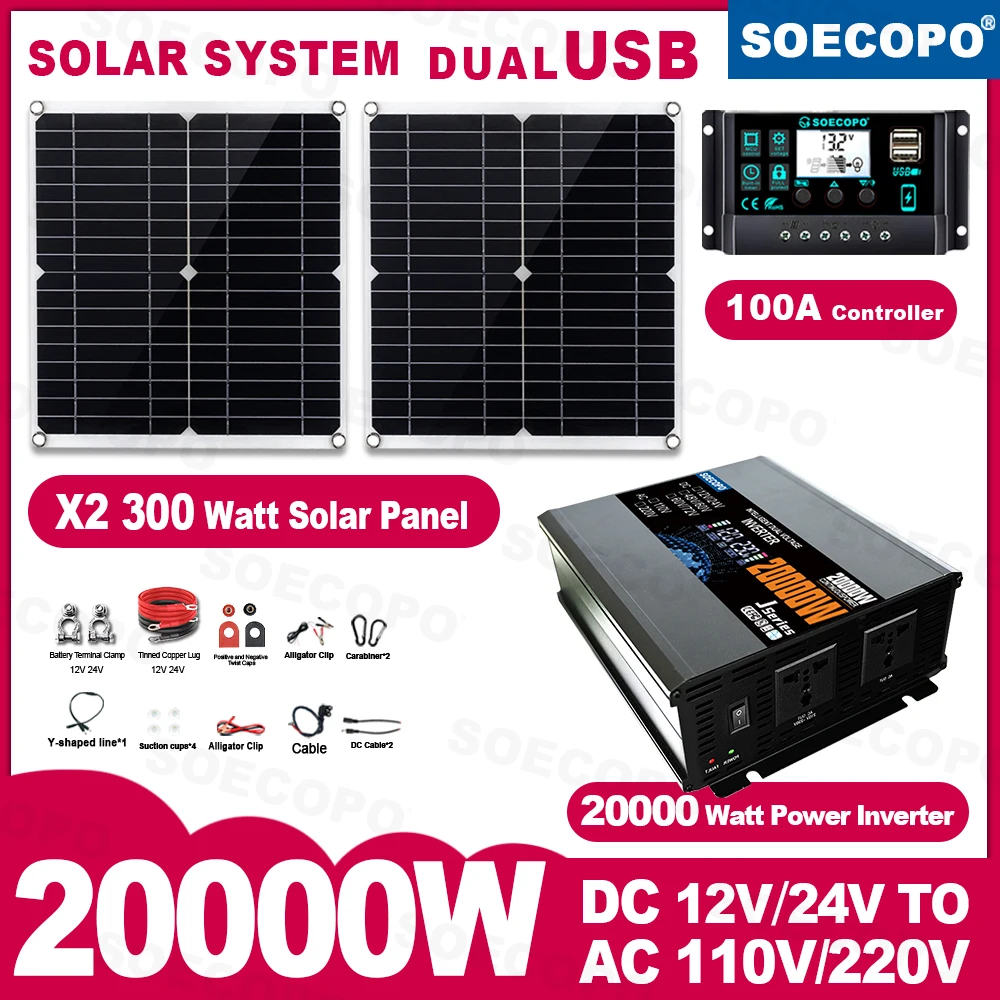 SOECOPO 20000W Portable Off Grid Solar System Kit 2*300W Panel 12V 24V To 220V/110V Inverter Socket 100A Controller for Camping
