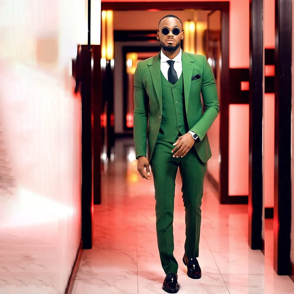 

Green Men's Suits 3 Pieces with Notched Lapel Single Breasted Prom Slim Fit Set Wedding Guest Blazer Jacket+Pants Customized