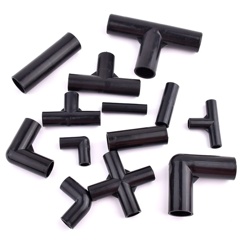 8~19mm Black PVC Pipe Connector Elbow Straight Tee Four Way Joint, DIY Shelf Tent Fixed Connector Fittings Aquarium Accessories