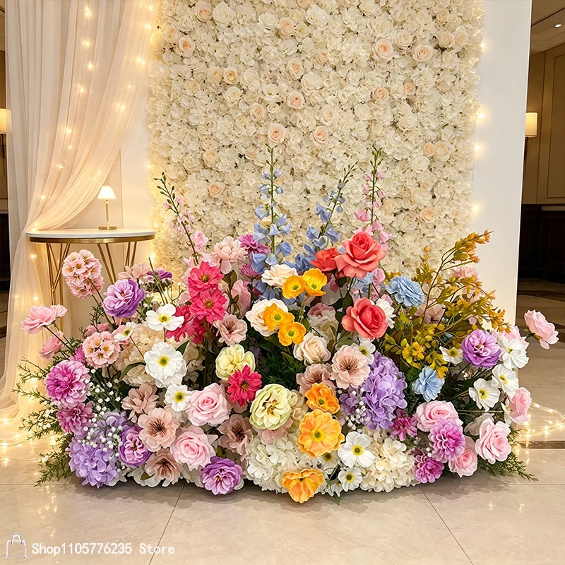 Bunter, gemischter künstlicher Blumen-Hochzeitshintergrund, Rosen-Hortensien-Blumenarrangement, Bühnen-Bodenläufer, Blumen-Partydekoration – Detail 2