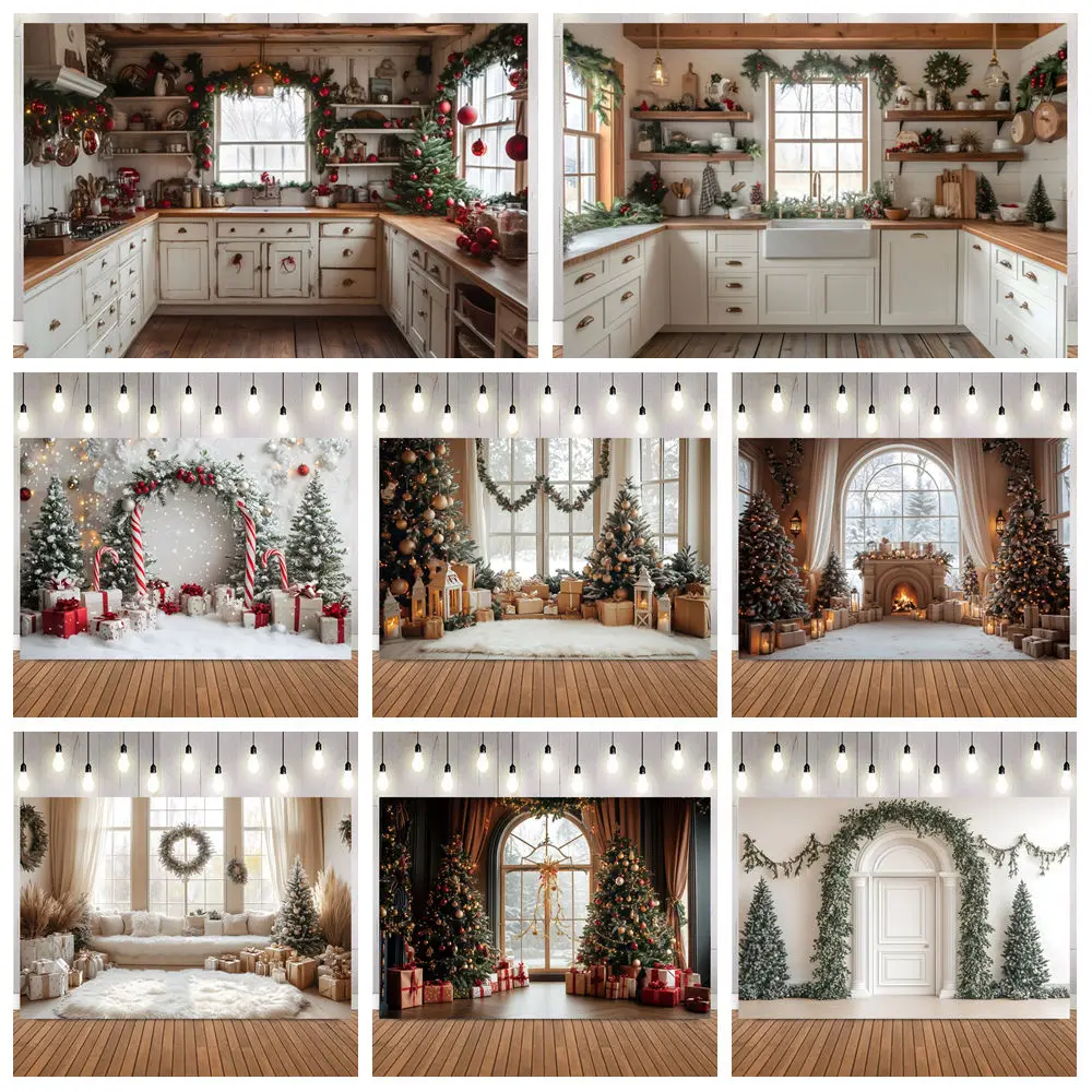 Christmas Vintage Theme Backdrop Kitchen Living Room Wooden Cabinet Wreath Sofa Festivial portrait Party Photo Background Decor