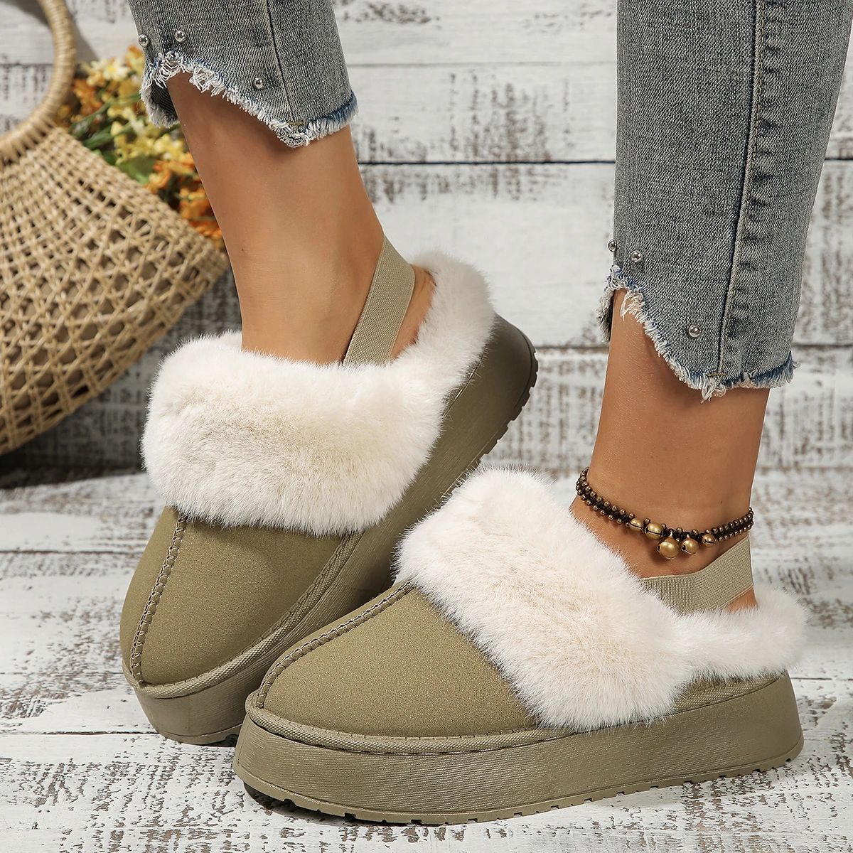 Slippers women wear the new winter fur one thick-soled Baotou wool slippers plus suede boots cotton shoes