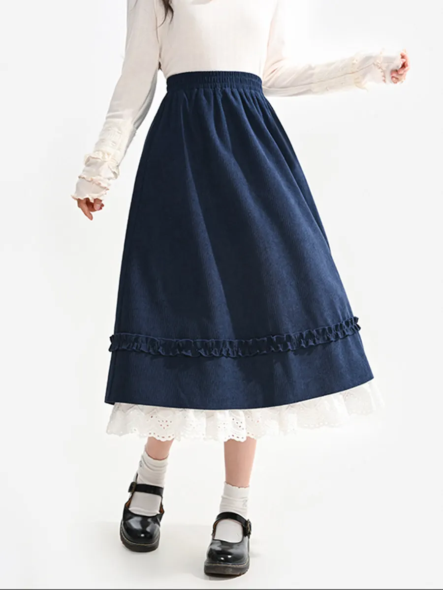 NONSAR Mori Female Tribe Cute Mori Girl A-line Lace Patchwork Skirts Women Spring New Sweet Mid-length Skirt
