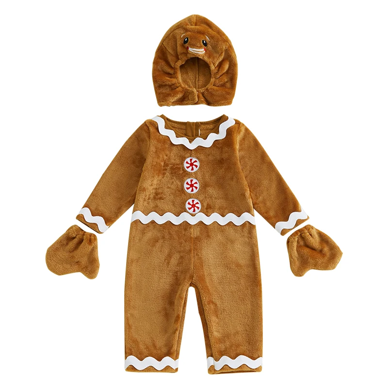 Baby Gingerbread Costume Outfit Ric Rac Trim Fleece Long Sleeve Jumpsuit Hat Gloves for Christmas Halloween Party