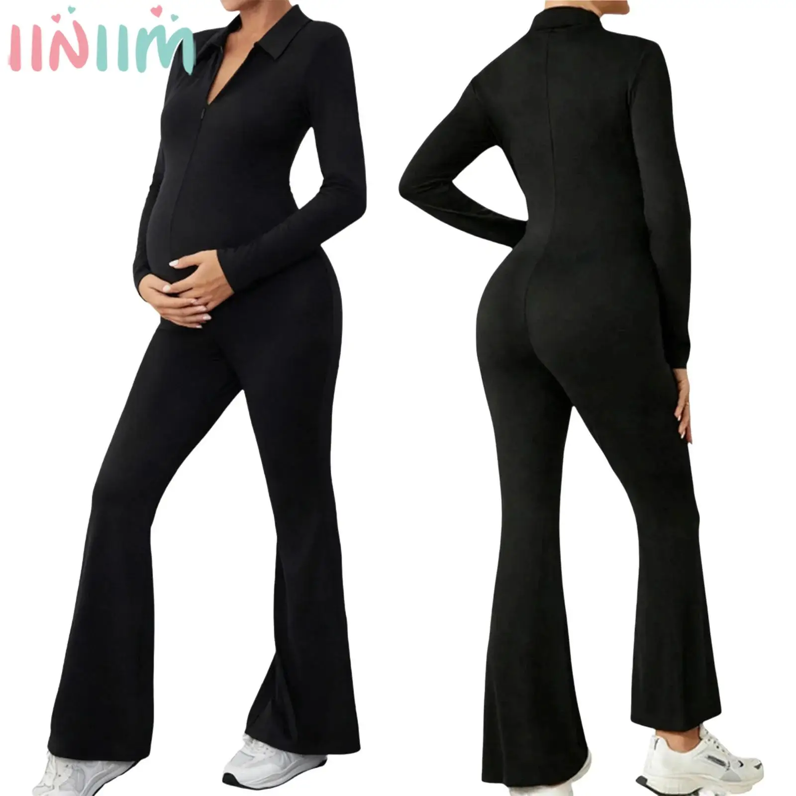 Pregnant Women Workout Flare Jumpsuit Long Sleeve V-Neck Zipper Slim Fitting Butt Lifting Romper for Daily Office Work Sports
