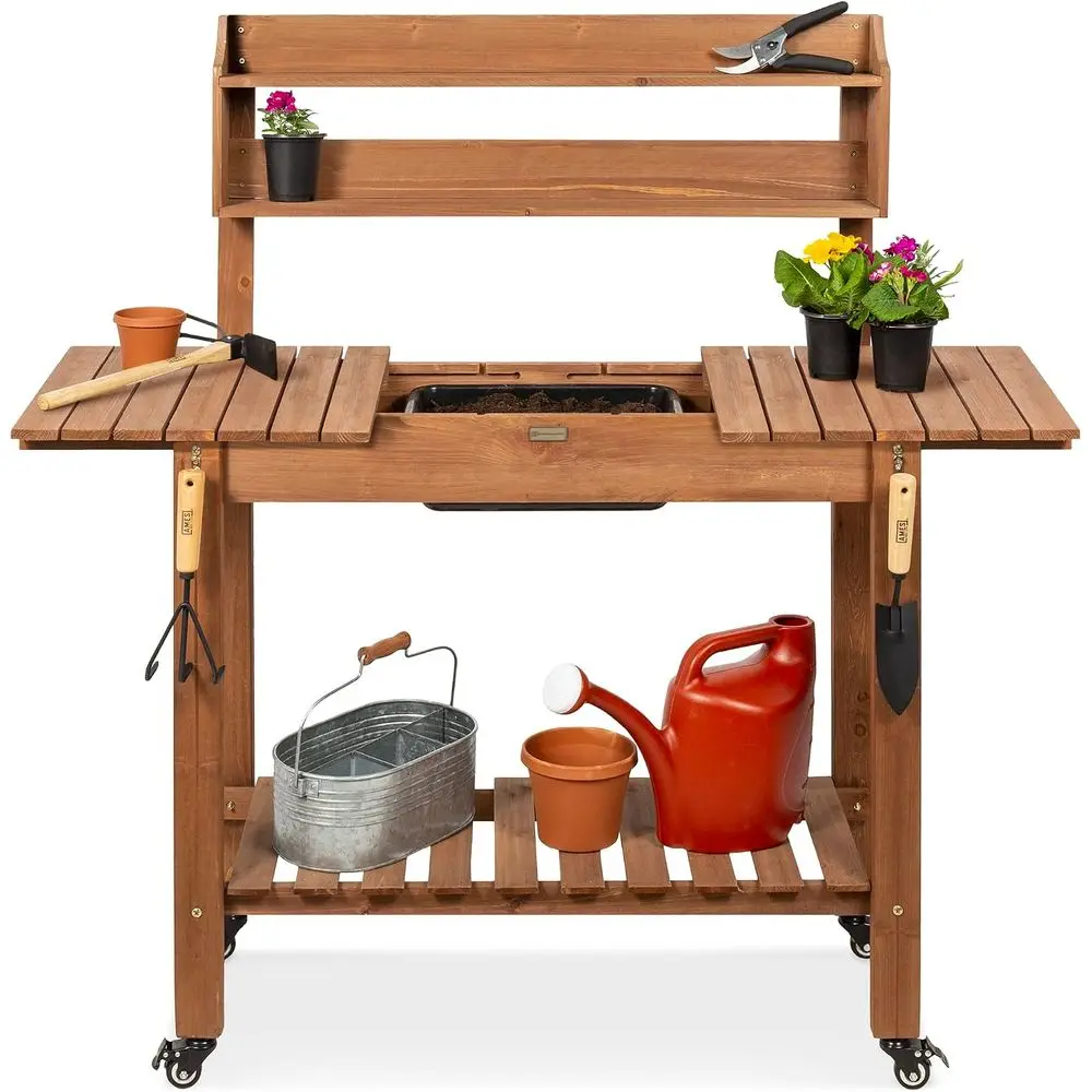 Garden Potting Bench, Outdoor Wood Workstation Table w/Sliding Tabletop, 4 Locking Wheels, Wood Grade Dry Sink, Storage Shelves
