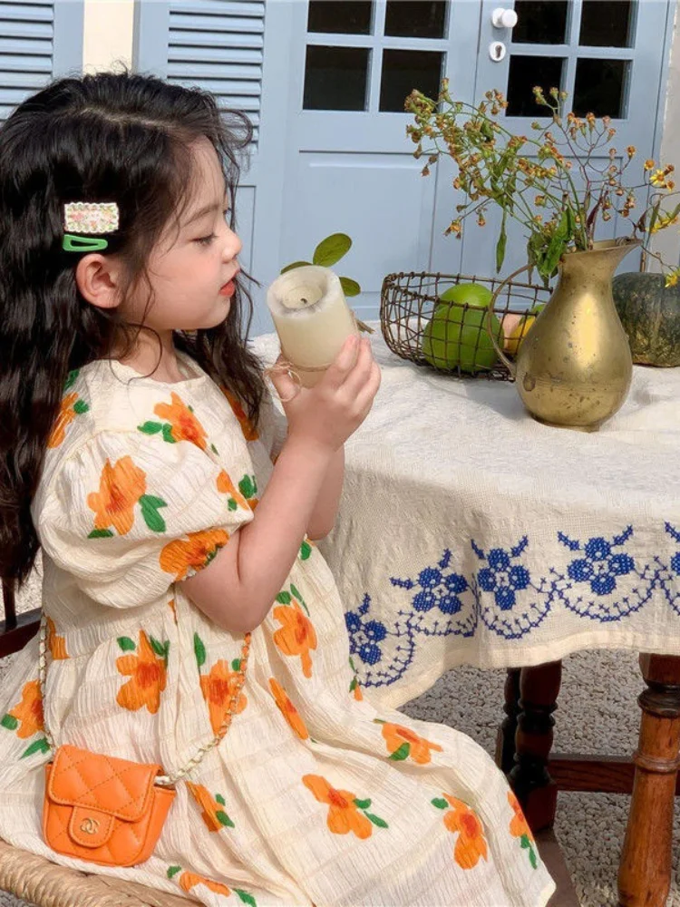 

Summer Floral Girls Dr Trendy Korean Sle Fre And Chic Small Princ Dr for Younger Children Swimming Fly Outfits