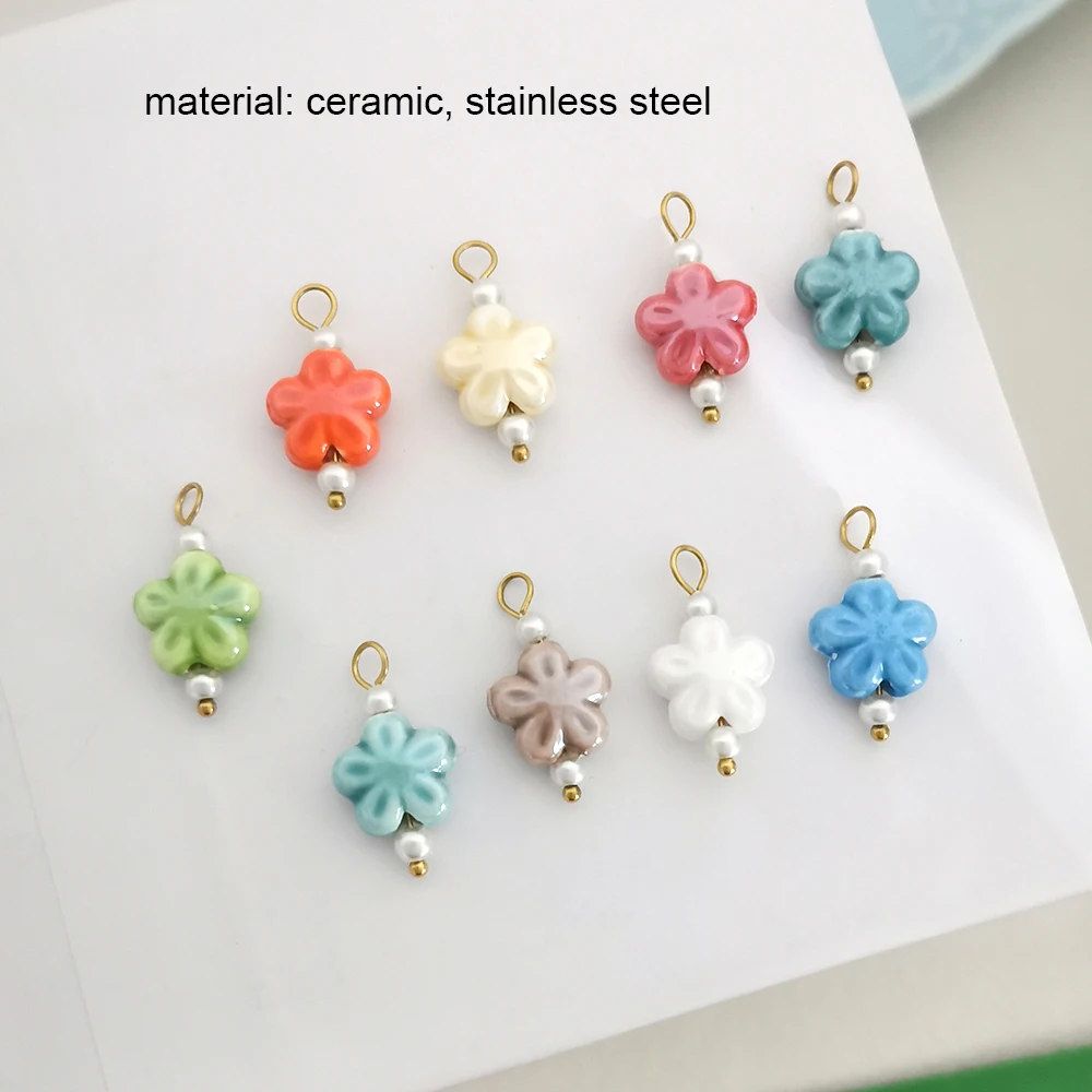 1pc QMHJE Ceramics Glass Pendant Charm Heart Flower Fish Cherry Handmade DIY Butterfly Necklace Stainless Steel Wholesale