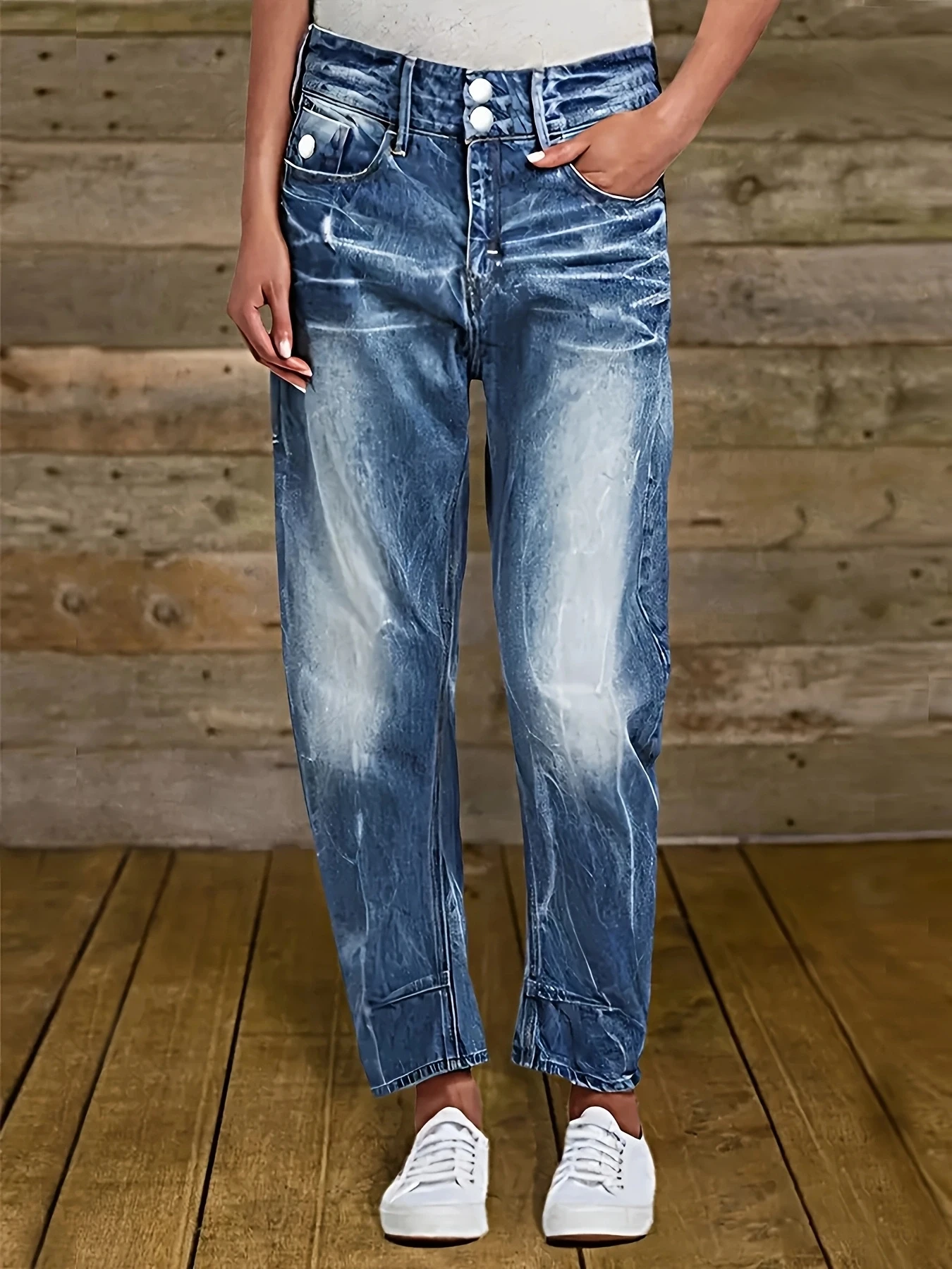 Women's stretchy fashion double button high-waisted denim ankle pants