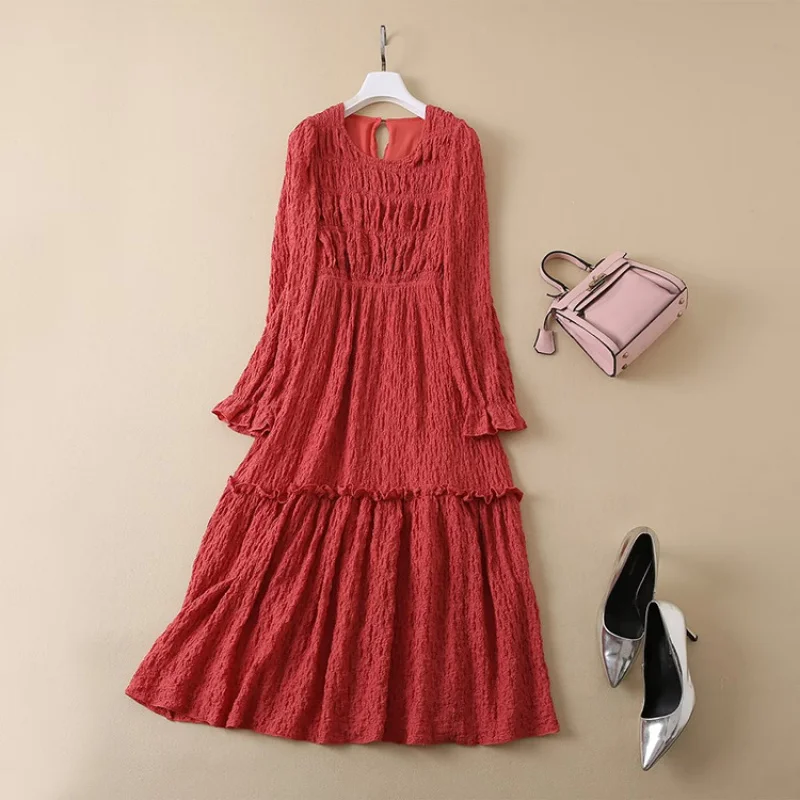 

2025Early Autumn New Dress Elegant Fashion Stitching Ruffle Solid Color round Neck Long Sleeve Large Swing Dress Women's Clothin