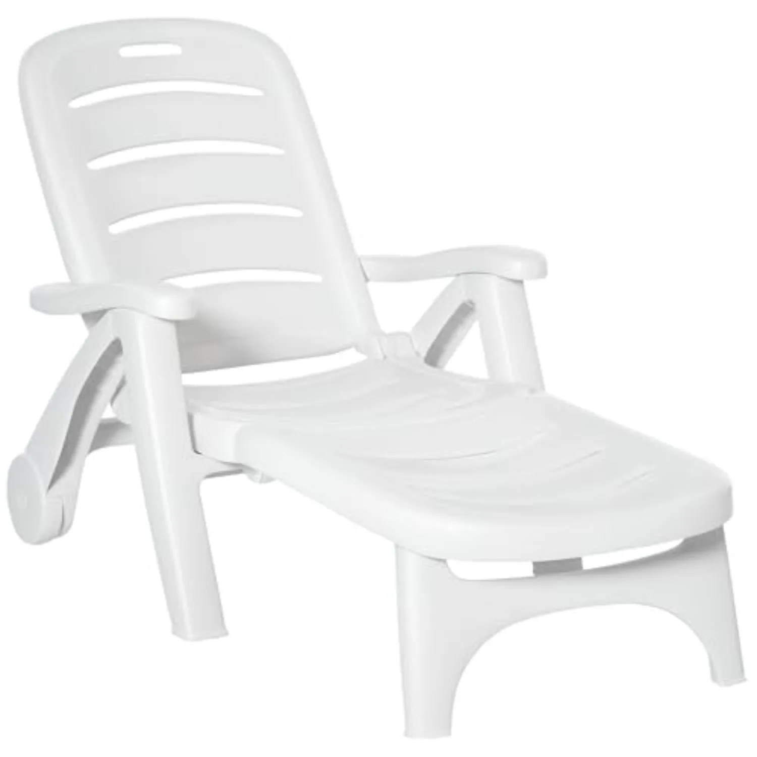 Outdoor Chaise Lounge 5-Level Adjustable Backrest Wheels White | Lounge Chair, Folding Tanning Chair, for Pool, Beach