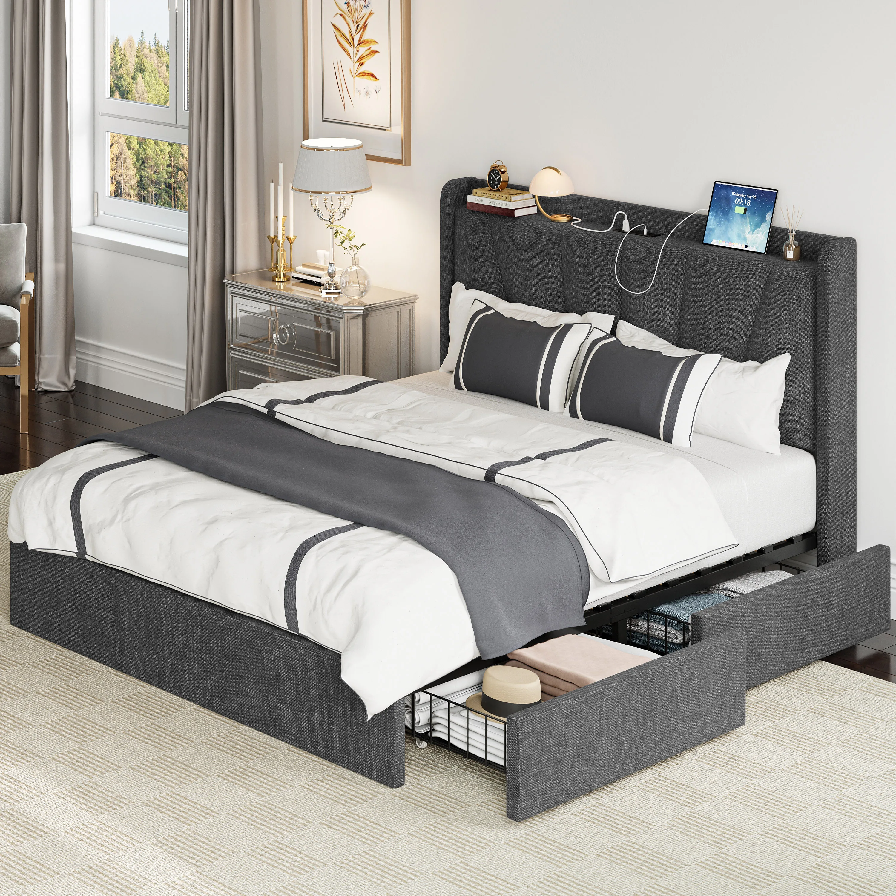 LIKIMIO Queen Bed Frame with Upholstered Headboard, Platform Bed with Storage Drawers and Outlets, Sturdy, Noiseless