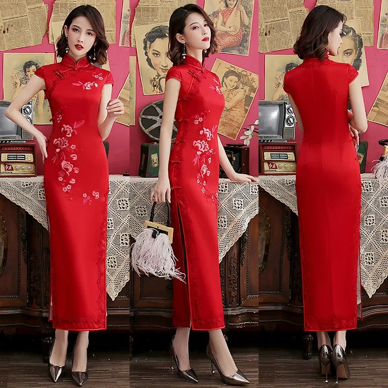 Cheongsam longo bordado de seda feminino, beira com renda, Qipao melhorado, estilo chinês, vestido de noite feminino, novo, 2023