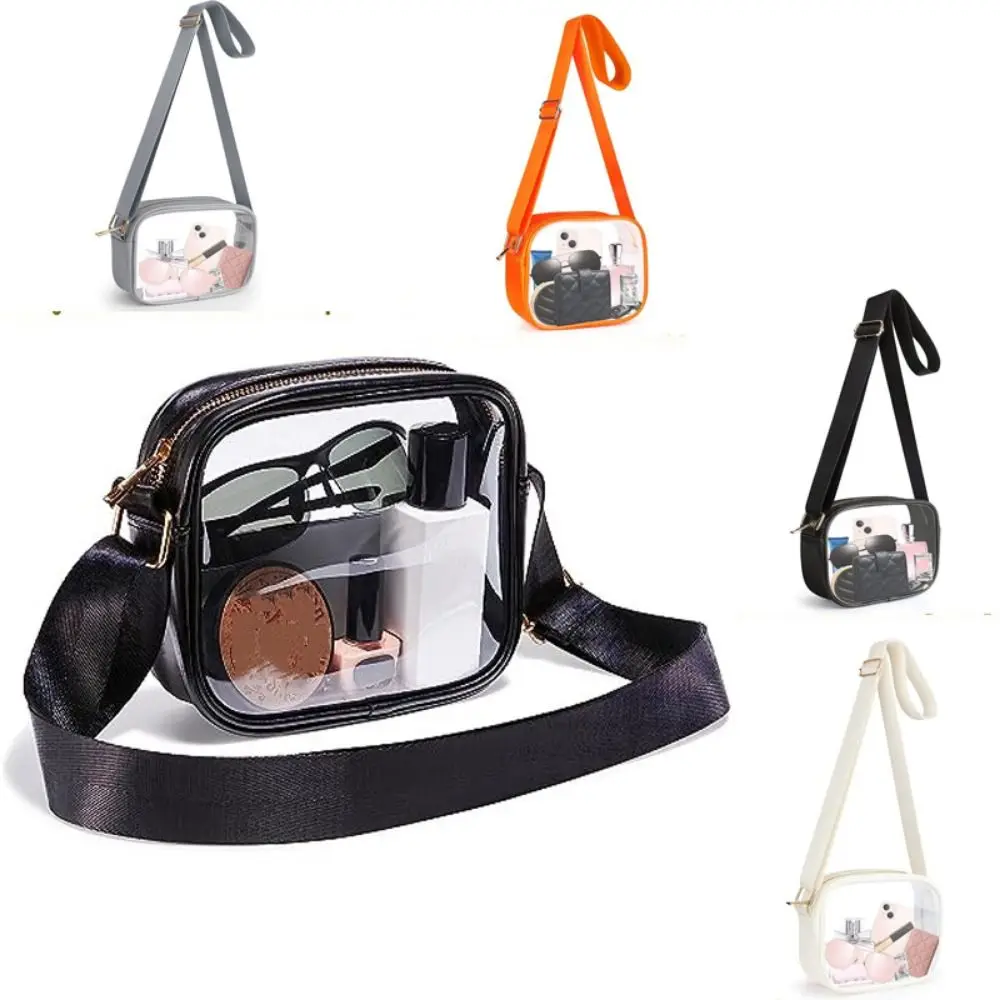 

Fashion Transparent Crossbody Bag Waterproof Square Box PVC Clear Phone Pouch Smooth Zipper Metal Connecting Ring Messenger Bag