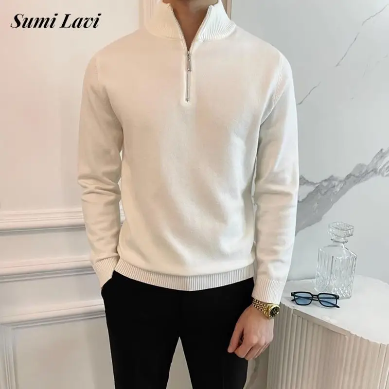 2024 Autumn Fashionable Stand Collar Sweater Mens Long Sleeve Zipper Slim Jumper Tops Winter Men New Casual Solid Color Sweaters