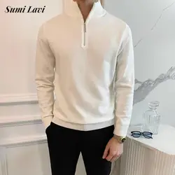 Pull Slim à Manches sulfet Col Montant pour Homme, Vêtement Décontracté et Solide avec Fermeture Éclair, Nouvelle Collection Automne-Hiver 2024