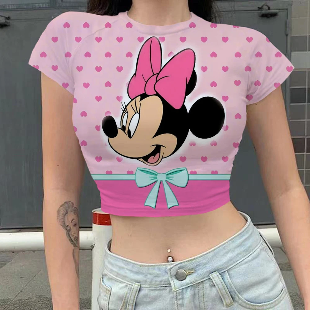 Disney lip print Mickey Mouse Minnie Harajuku Goth Vintage Slim Short Crop Top Streetwear Sexy Summer Y2K Casual Women T-Shirt