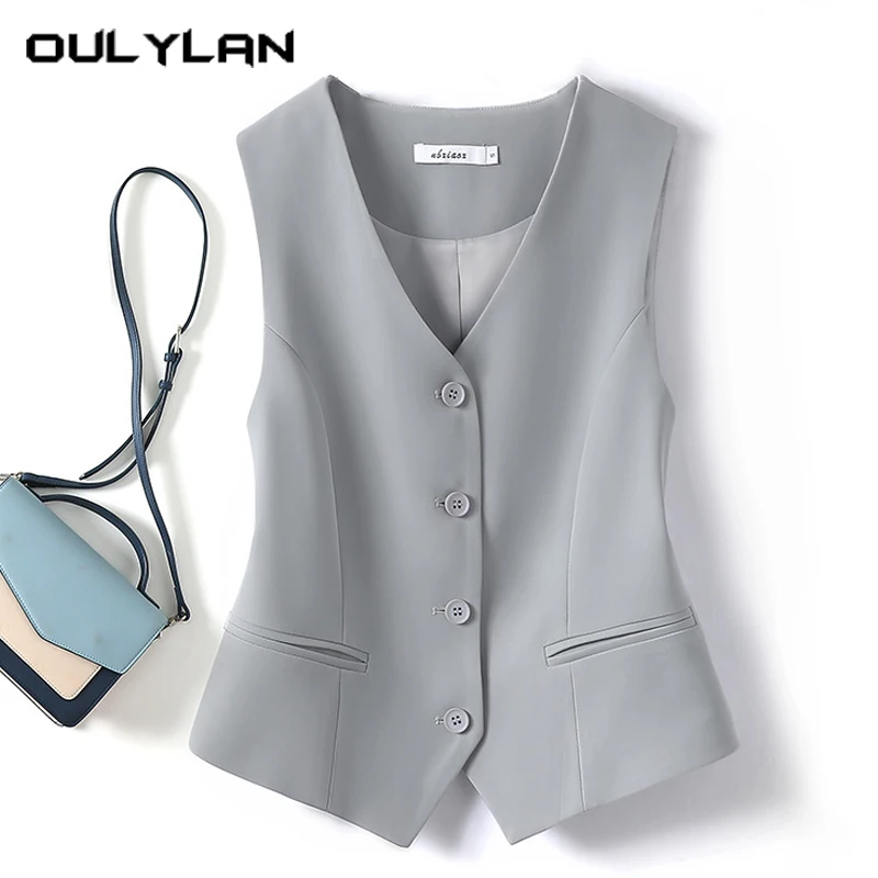 Women Fashion Suit Vest Solid Single Breasted Waistcoats Vest Female Vintage V-Neck Sleeveless Short Jackets Lady Exterior Tops