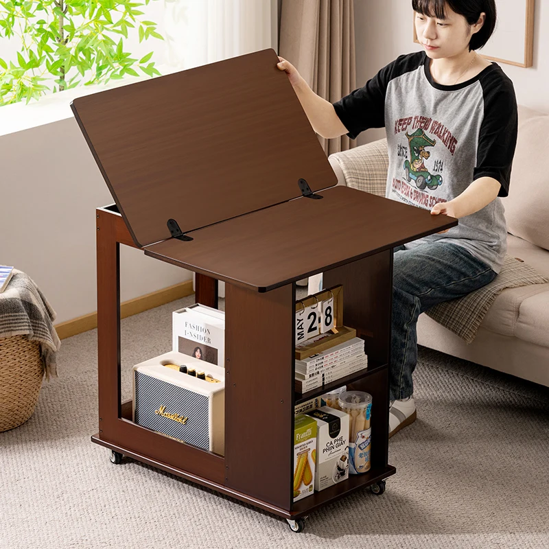 movable-side-table-vintage-coffee-table-with-wheels-folding-cart-living-room-storage-solid-wood