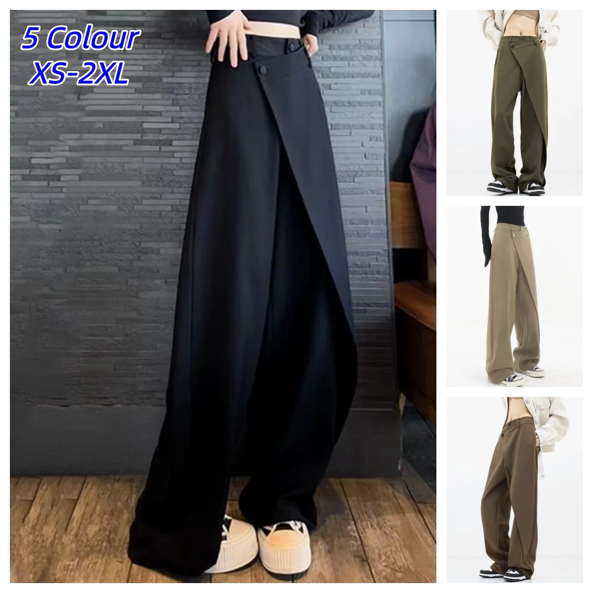 Women Wide Suit Pants High Waist Gothic Loose Streetwear Baggy Black Trousers Irregular Solid Straight Pants Casual Streetwear
