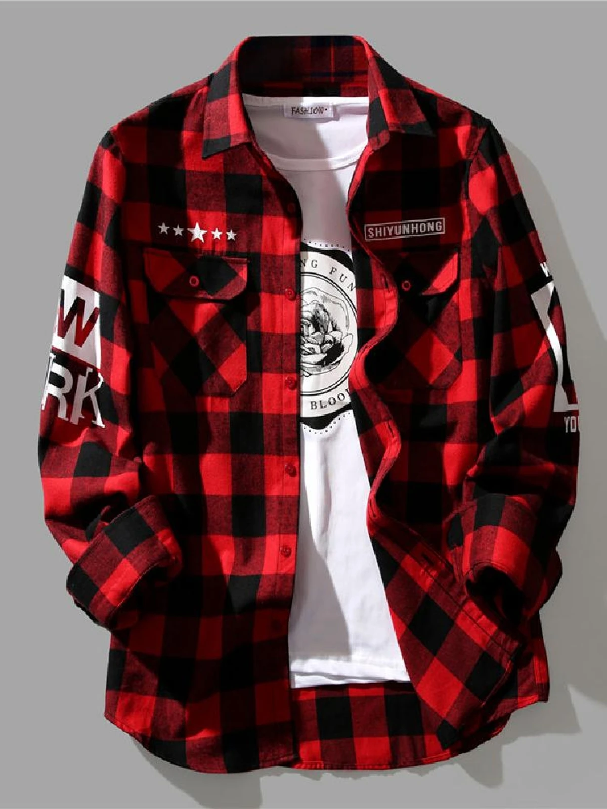 

Red Plaid Long Sve Loose Casual irt for Men Korean Sle Trendy Workwear Jaet Autumn Season Polyester Cotton Blend